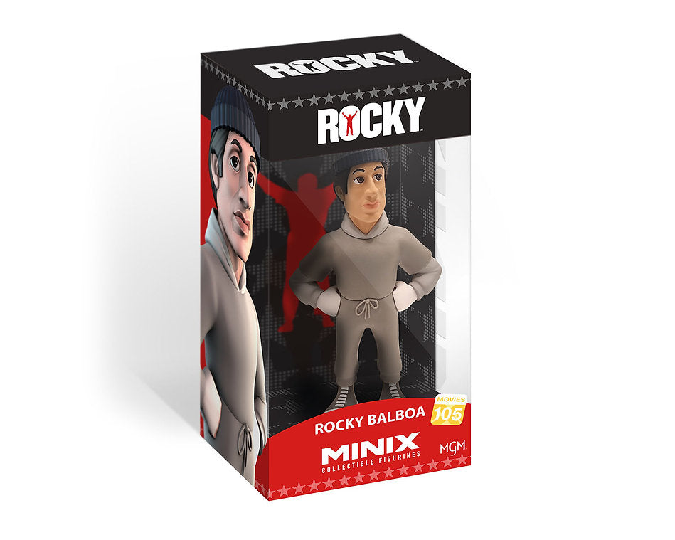 Rocky Balboa Minix collectible figurine 105 featuring the iconic boxer in his gray training sweatsuit displayed in a clear plastic box