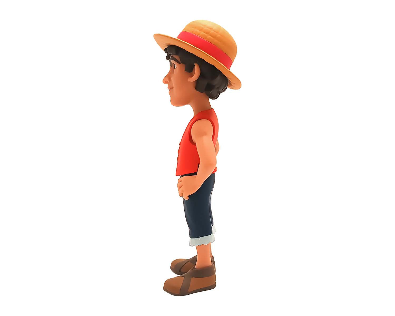 Rear view displaying the iconic straw hat string and tousled hair
