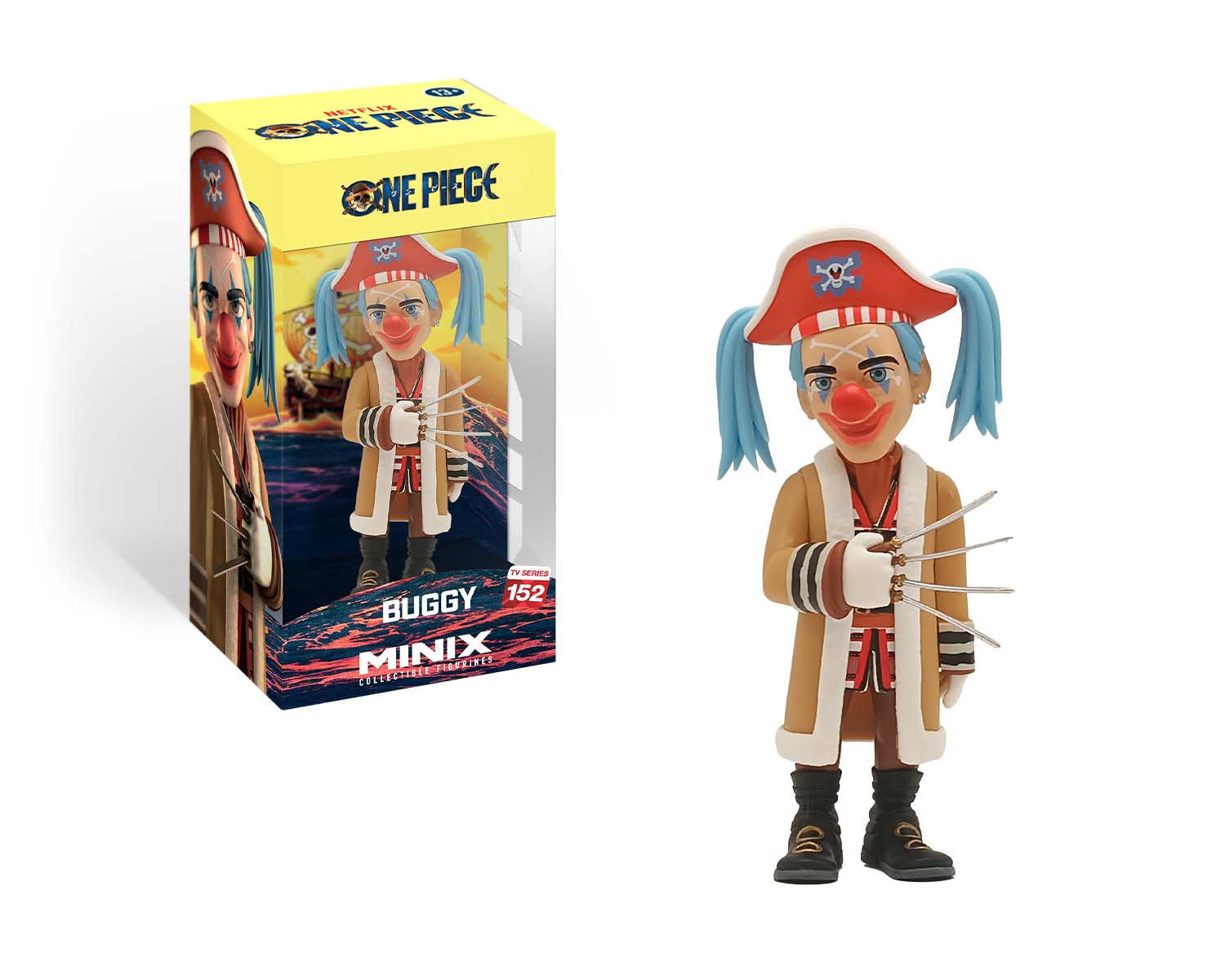 Figure inside One Piece-themed packaging with Buggy’s artwork and product title