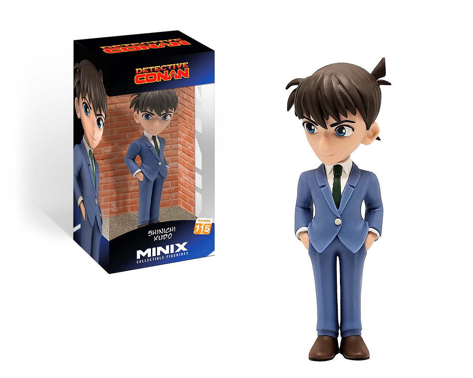 Minix Detective Conan Shinichi Kudo collectible figurine in a blue suit displayed in its clear-front packaging and individually