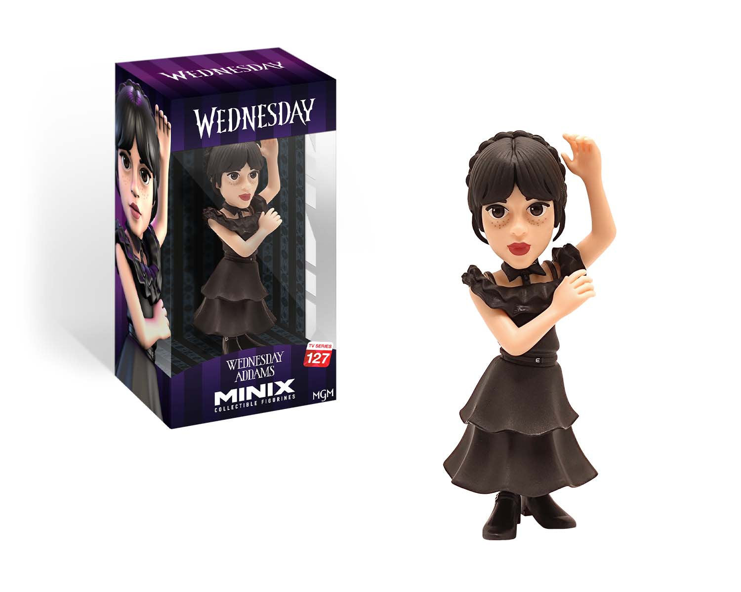 Figure inside gothic-style Wednesday series packaging with character name