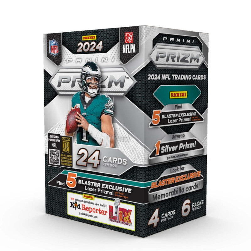 Panini Prizm 2024 NFL Trading Cards blaster box featuring Jalen Hurts in Philadelphia Eagles uniform