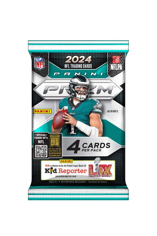 2024 Panini Prizm NFL Trading Cards pack featuring Jalen Hurts of the Philadelphia Eagles with 4 cards per pack