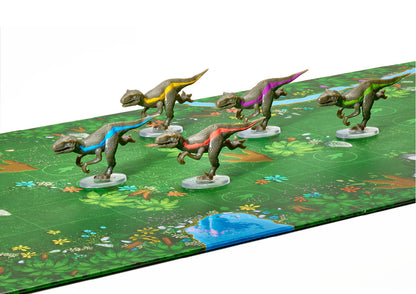Five green raptor figures with colorful stripes from Raptor Race stand on a green jungle-themed game board