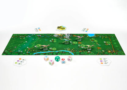 Raptor Race board game features a green jungle map with dinosaur miniatures, several dice, and various game cards