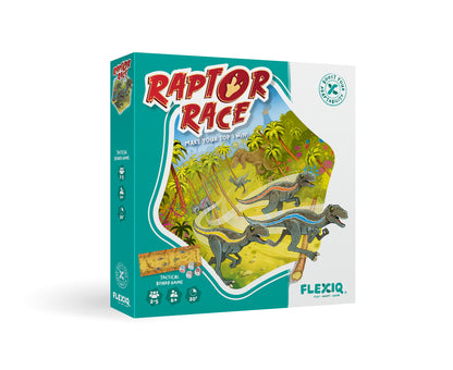 Raptor Race board game box with a colorful illustration of three raptors racing on a track through a prehistoric jungle landscape