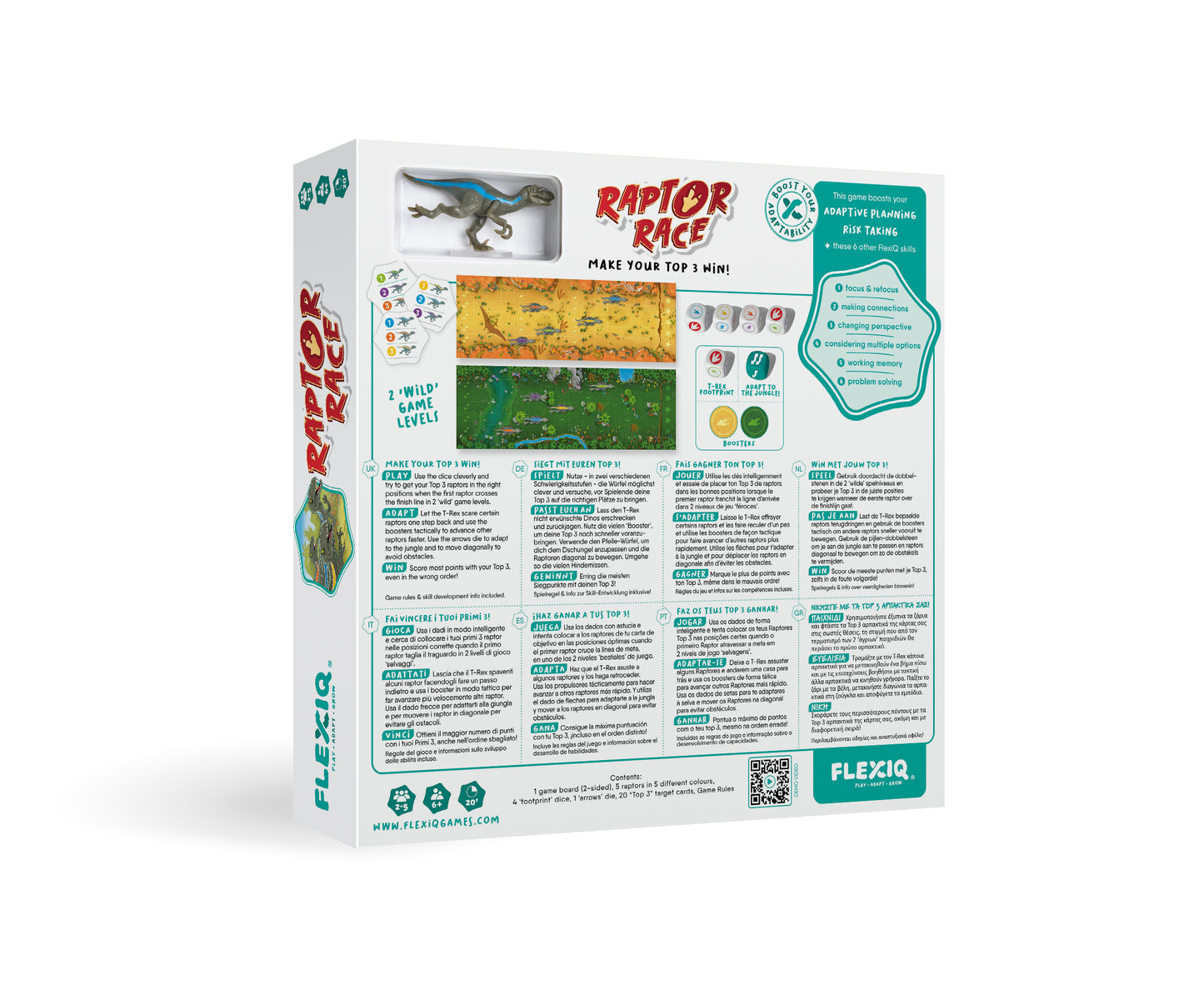 The Raptor Race game box displays a blue raptor figurine, a jungle-themed game board, dice, and text describing game features and skills