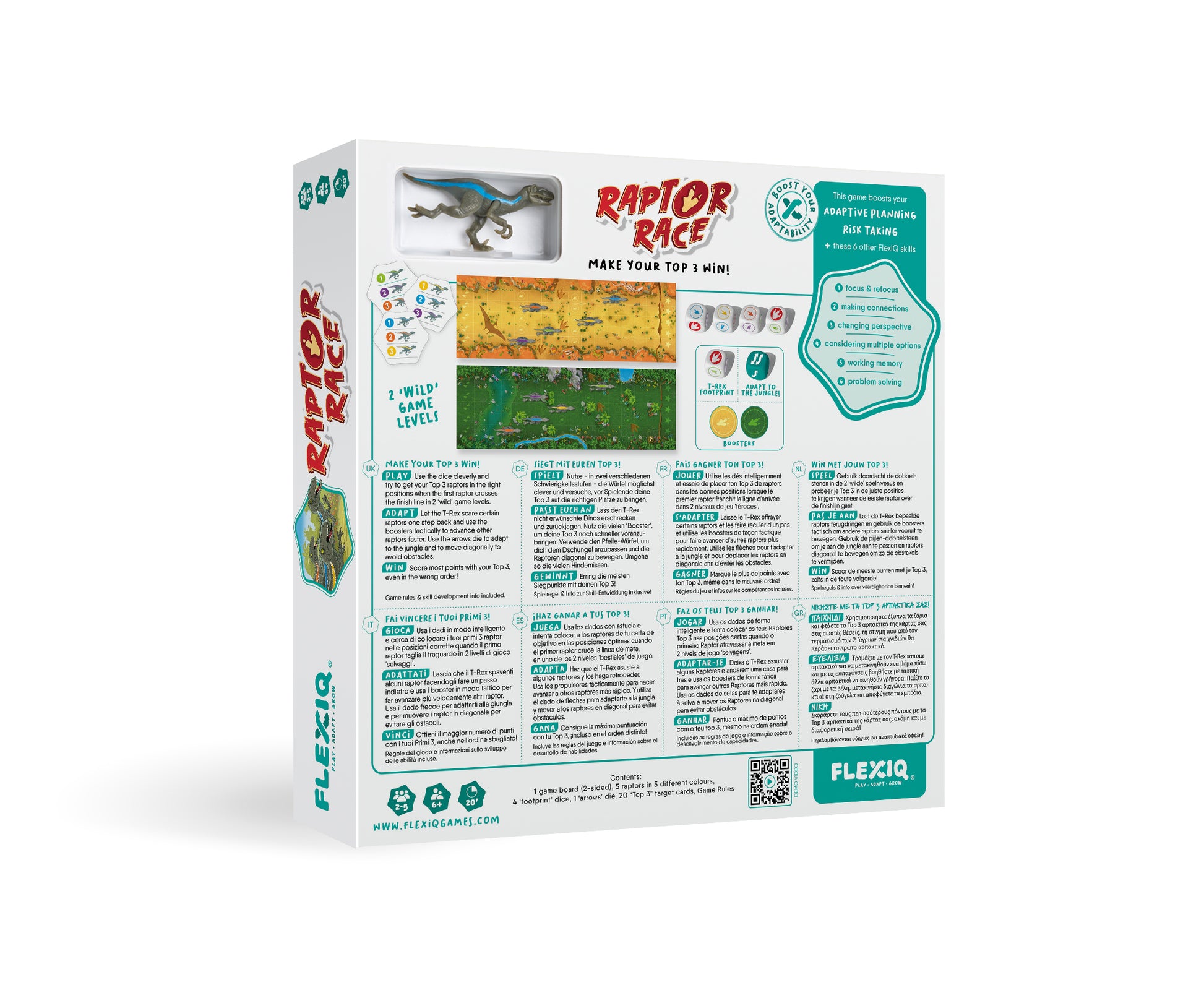 The Raptor Race game box displays a blue raptor figurine, a jungle-themed game board, dice, and text describing game features and skills