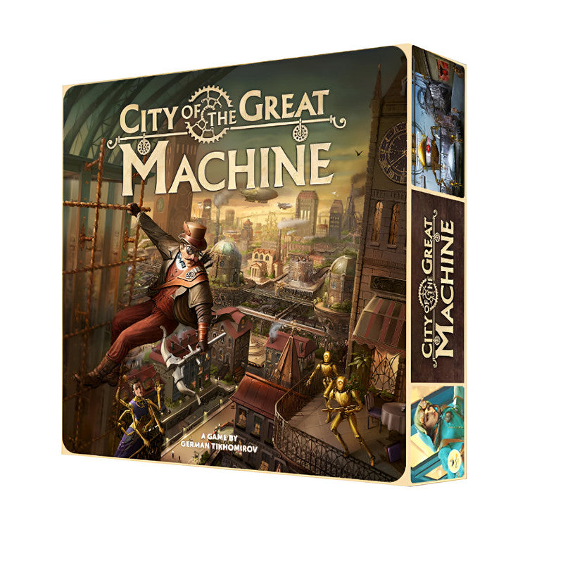 City of the Great Machine board game box featuring a man swinging above a bustling steampunk city