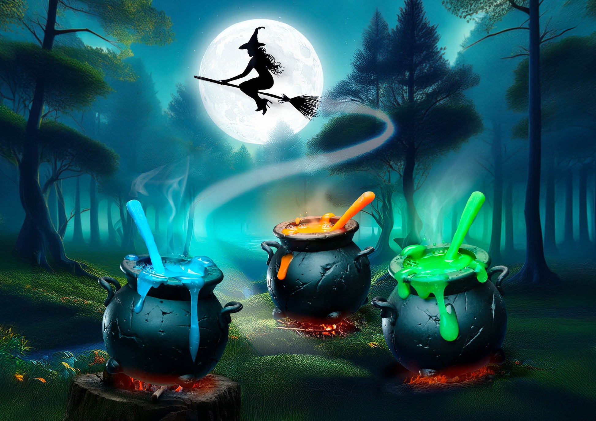 Blue, orange, and green bubbling cauldrons in a dark, misty forest