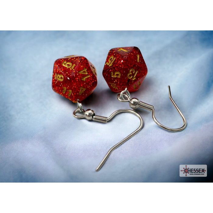 Chessex CHX 54208 Hook Earrings Glitter Ruby Mini-Poly d20 Pair (Preorder) - Good Games