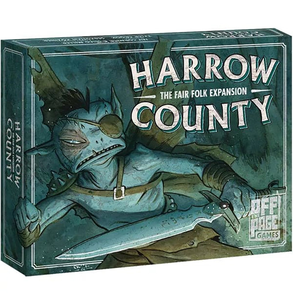 Harrow County: Fair Folk Expansion game box. Blue goblin-like character with an eyepatch wields a sword