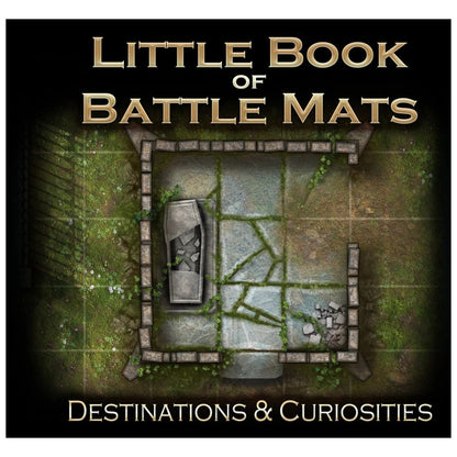 Cover: 'Little Book of Battle Mats'. Depicts a ruined stone crypt battle mat with a broken sarcophagus, overgrown with moss.