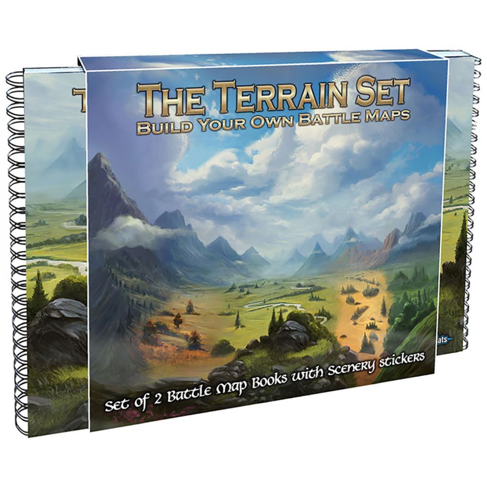 Two spiral-bound "The Terrain Set" books for building battle maps. Covers show fantasy landscapes, includes scenery stickers.
