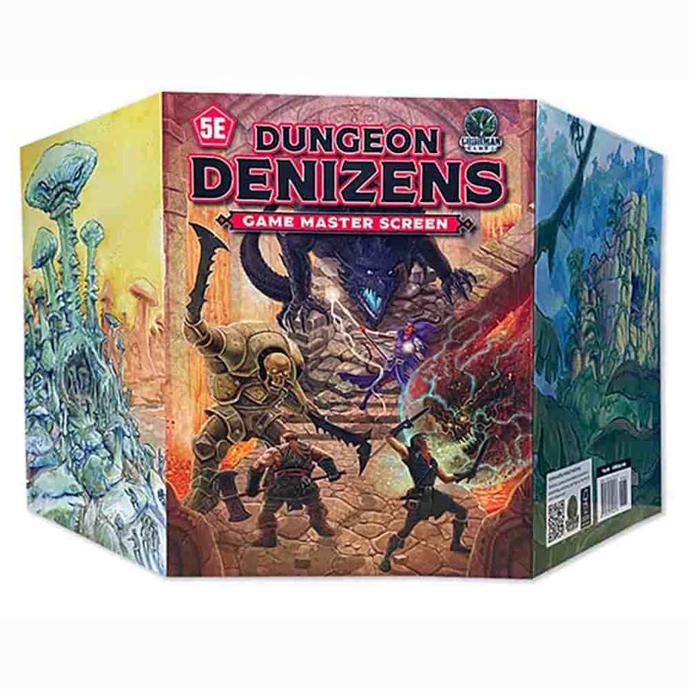 A Dungeons & Dragons 5th Edition Dungeon Denizens Game Master Screen showing adventurers battling monsters on the main panel and fantasy landscapes on the side panels