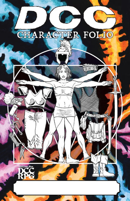 DCC Character Folio cover: Vitruvian-style female figure surrounded by fantasy armor, weapons, and adventuring gear