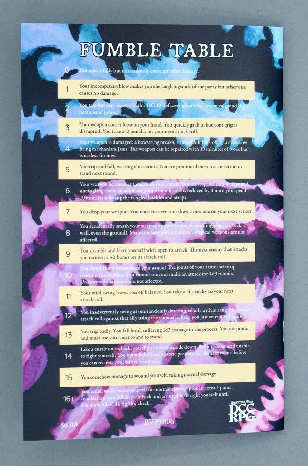 DCC RPG Fumble Table page, listing 16+ numbered consequences for critical failures on a dark, abstract background