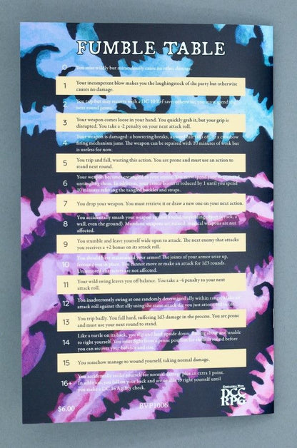 DCC RPG Fumble Table page, listing 16+ numbered consequences for critical failures on a dark, abstract background