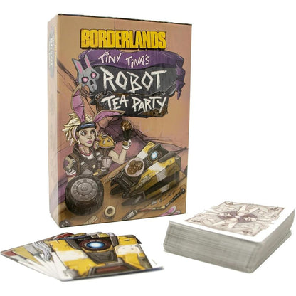 Borderlands: Tiny Tina's Robot Tea Party card game box with Tina and a robot having tea, and two card stacks