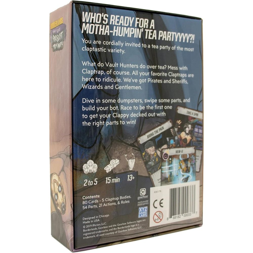 Back of Borderlands: Claptrap's Robot Tea Party game box, detailing rules, components, and gameplay about building bots to win