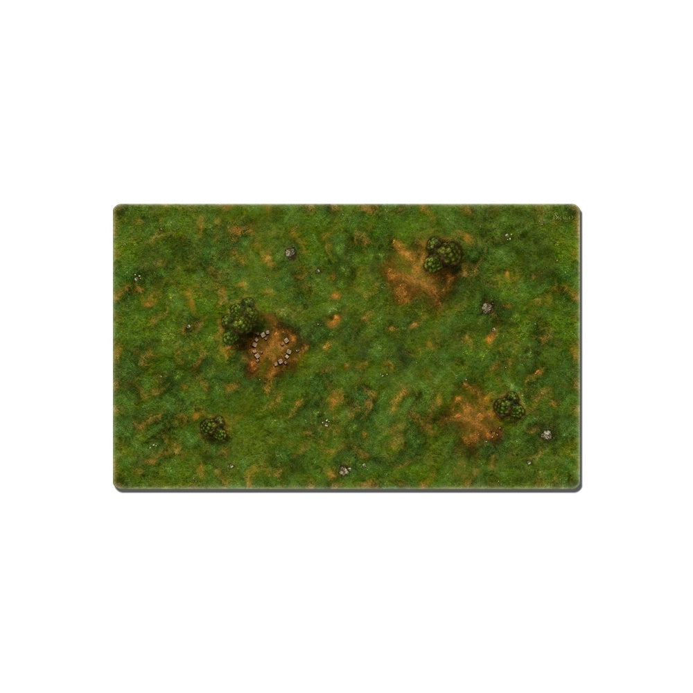 A rectangular Meadow Playmat showing a green field with scattered dirt patches and small clumps of trees from an overhead view