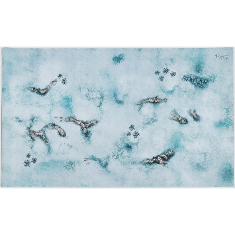 An Onus Traianus Snow Playmat features a light blue and white icy landscape with dark snow-covered rock formations and scattered spiky dark plants