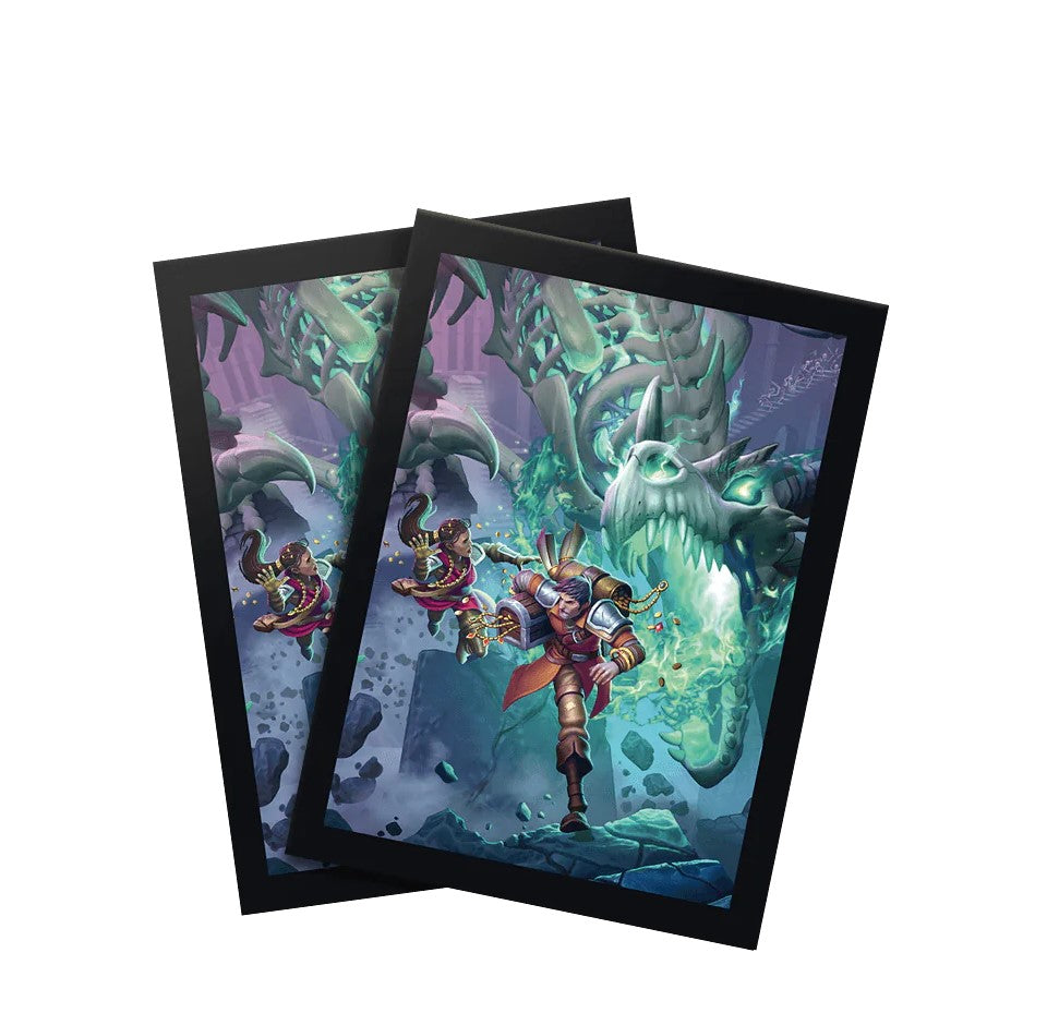 Two card sleeves with fantasy art: three adventurers flee a glowing green skeletal dragon