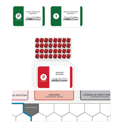 Assortment of railway-themed board game pieces: President and numbered cards, red cubes, and a hexagonal map
