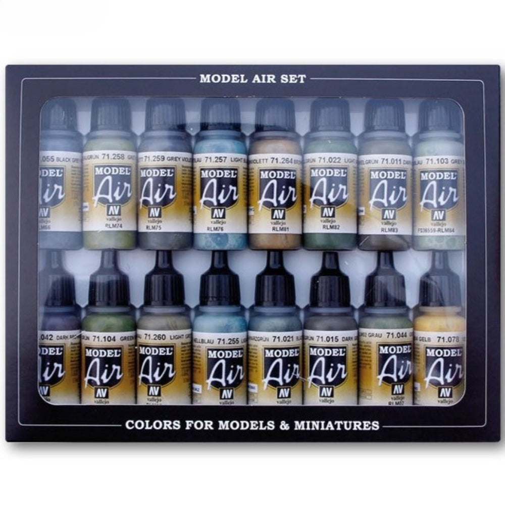 A black box displaying 16 small bottles of Vallejo Model Air paints in various colors, for models and miniatures