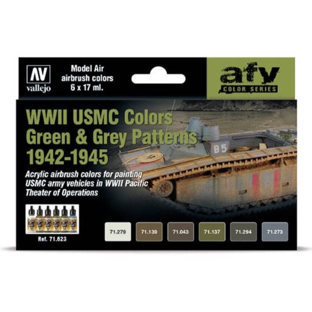 A box for a WWII USMC Colors Green & Grey Patterns paint set with six bottles, color swatches, and a military vehicle illustration