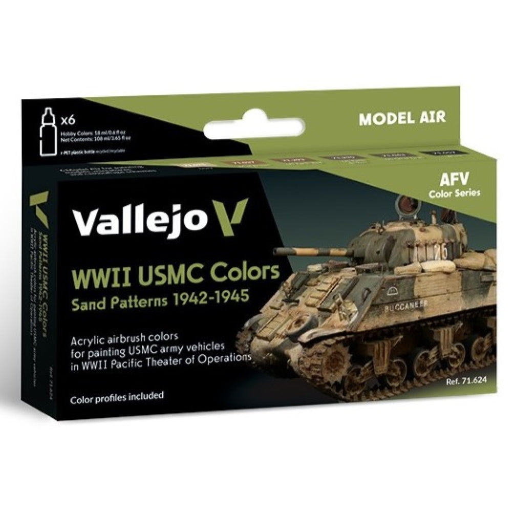 A box of Vallejo Model Air paints for WWII USMC vehicles, featuring a weathered USMC tank