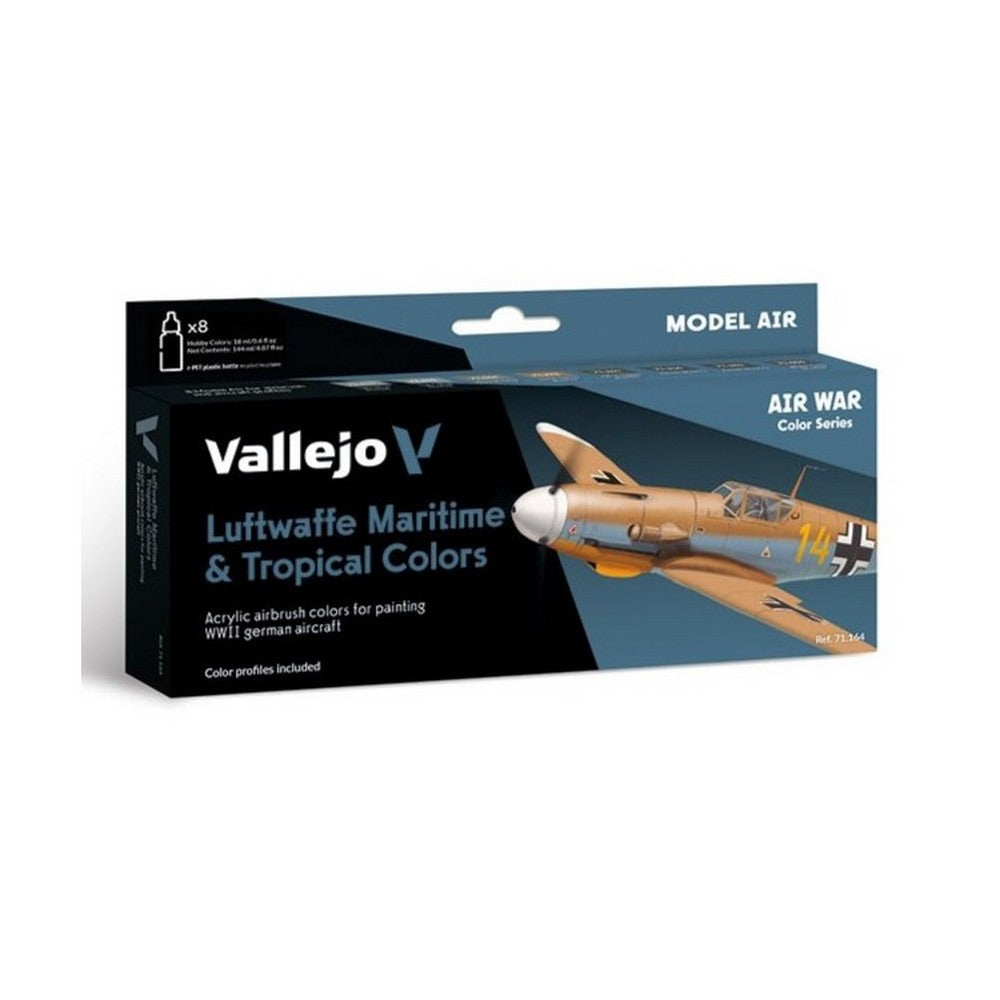 Vallejo Model Air paint set, "Luftwaffe Maritime & Tropical Colours," featuring a WWII German aircraft.