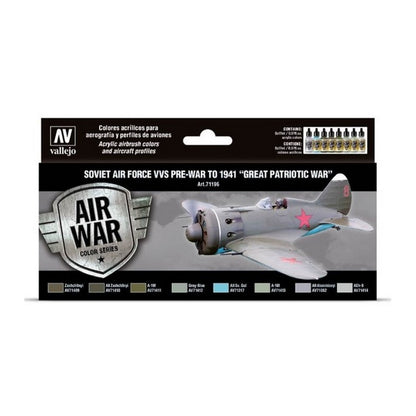 Vallejo 'Air War' acrylic paint set for Soviet pre-WWII aircraft, featuring a grey fighter plane model on the box