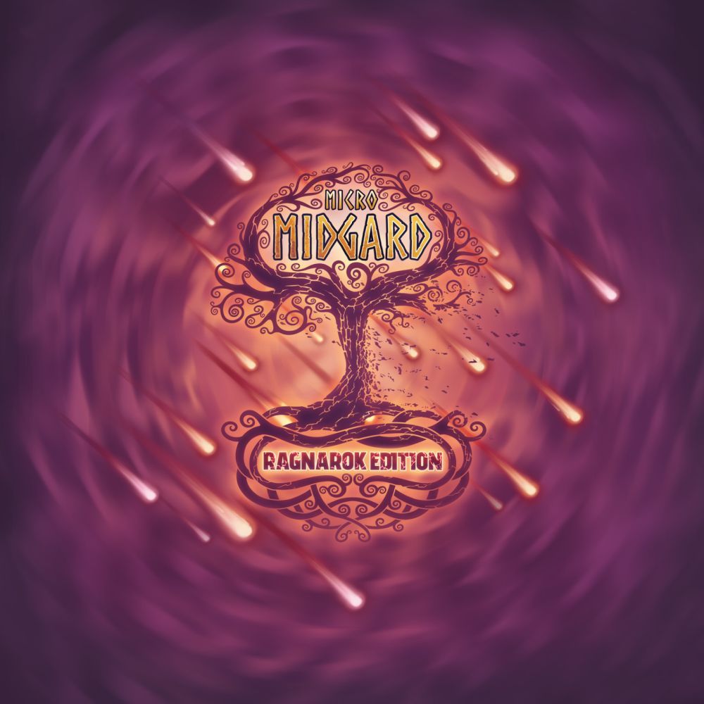 Stylized World Tree silhouette under attack by glowing meteors. Text: Mikro Midgard Ragnarok Edition