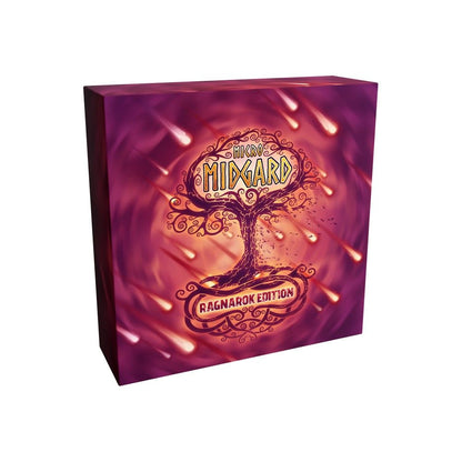 Mikro Midgard: Ragnarok Edition board game box featuring a stylized tree and falling fireballs
