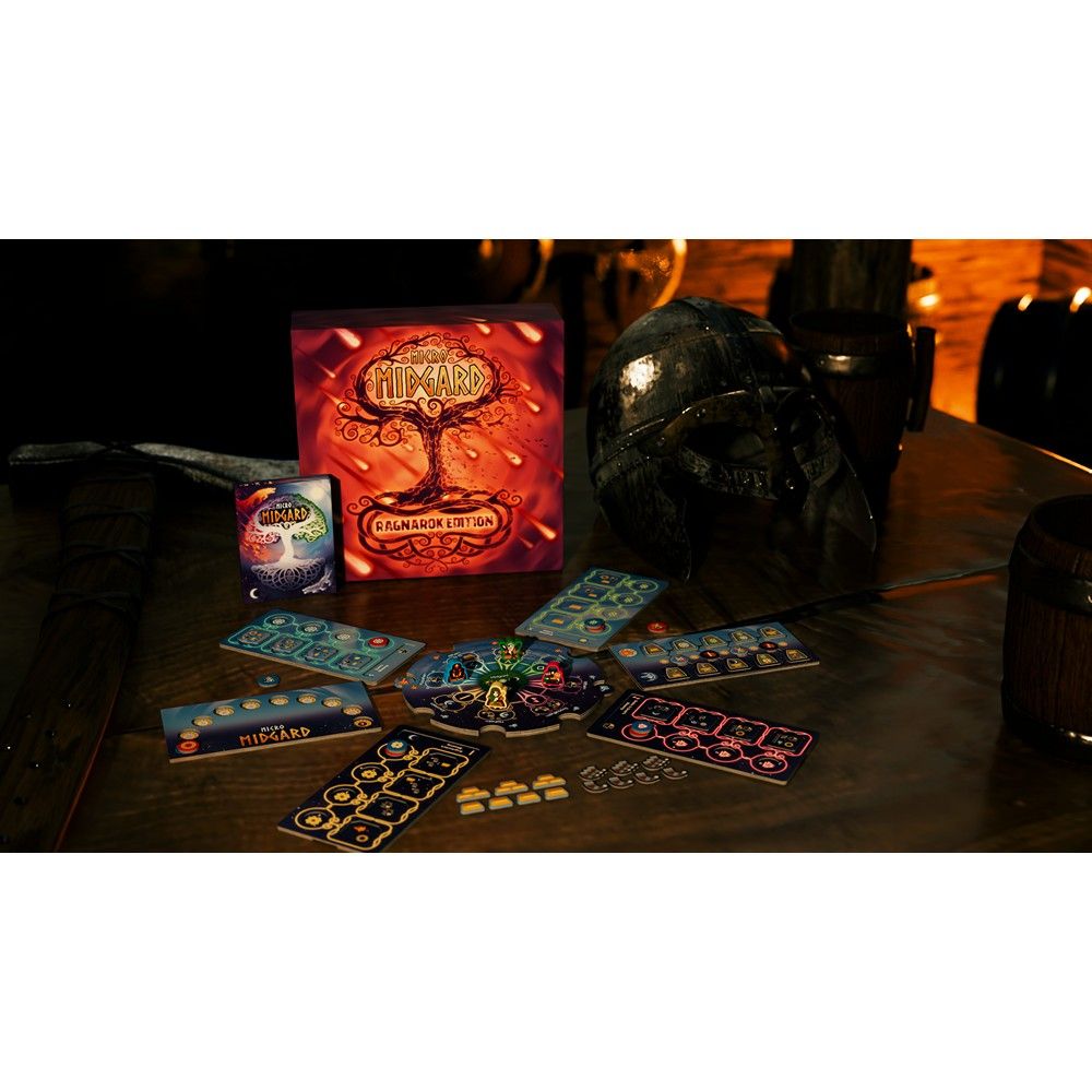 The Midgard: Ragnarok Edition board game components spread out on a table, next to a Viking helmet