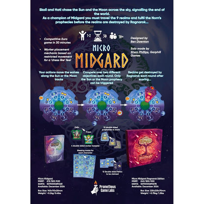 Infographic for the board game Micro Midgard, showing game steps, components, character meeples, and box art