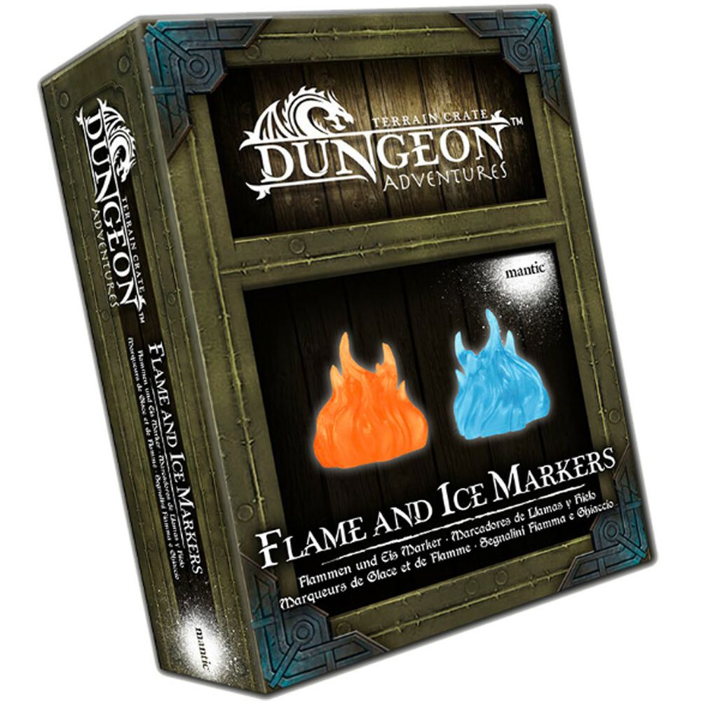 Dungeon Adventures Terrain Crate box featuring an orange flame and a blue ice marker