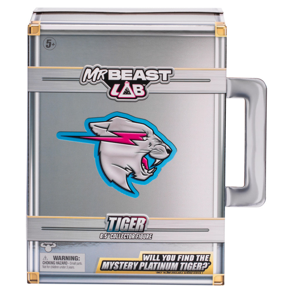 Silver MrBeast Lab collector figure box for a Tiger, with a tiger head logo and "Mystery Platinum Tiger" text.
