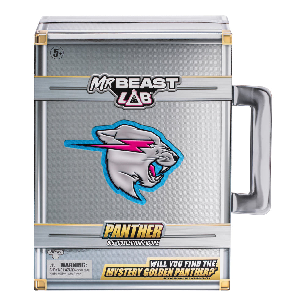 MrBeast Lab silver collectible container with handle, featuring a panther logo for a 6.5-inch figure