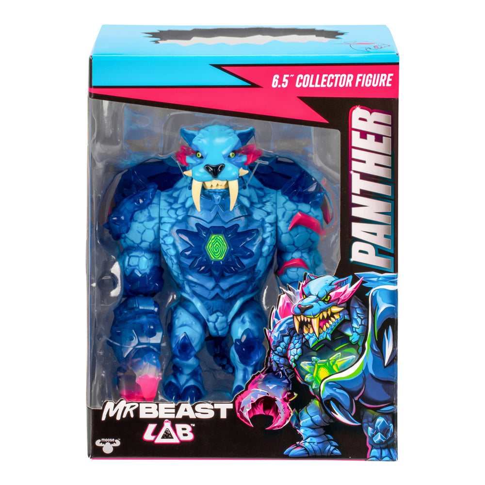 MrBeast Lab 6.5&quot; Panther collector figure in box: a blue, muscular, saber-toothed creature with pink accents