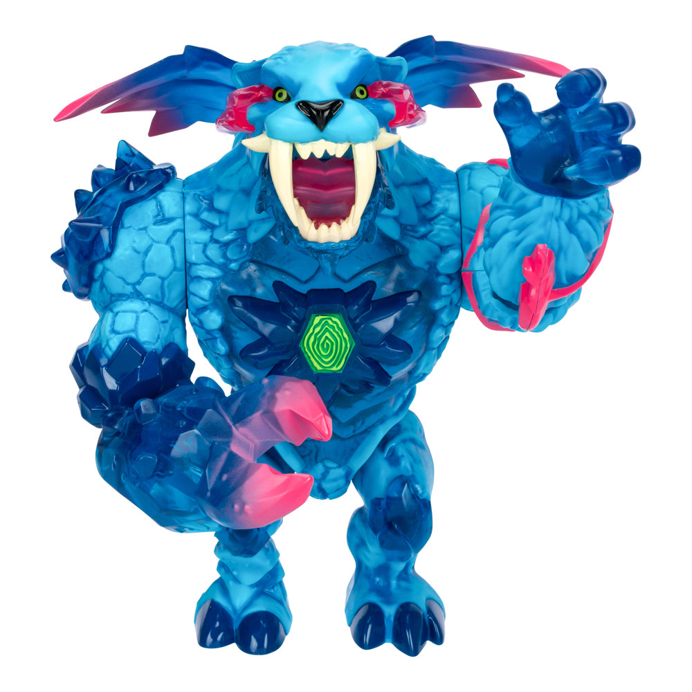 A blue monster toy with a crystalline body, pink claws, and a glowing green chest symbol, roaring with arm raised