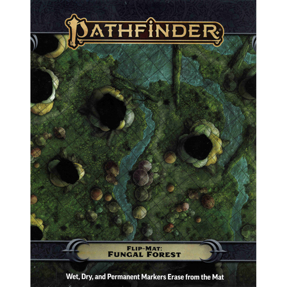 A Pathfinder Fungal Forest Flip-Mat displaying a gridded map of a mushroom forest with dark holes and blue rivers