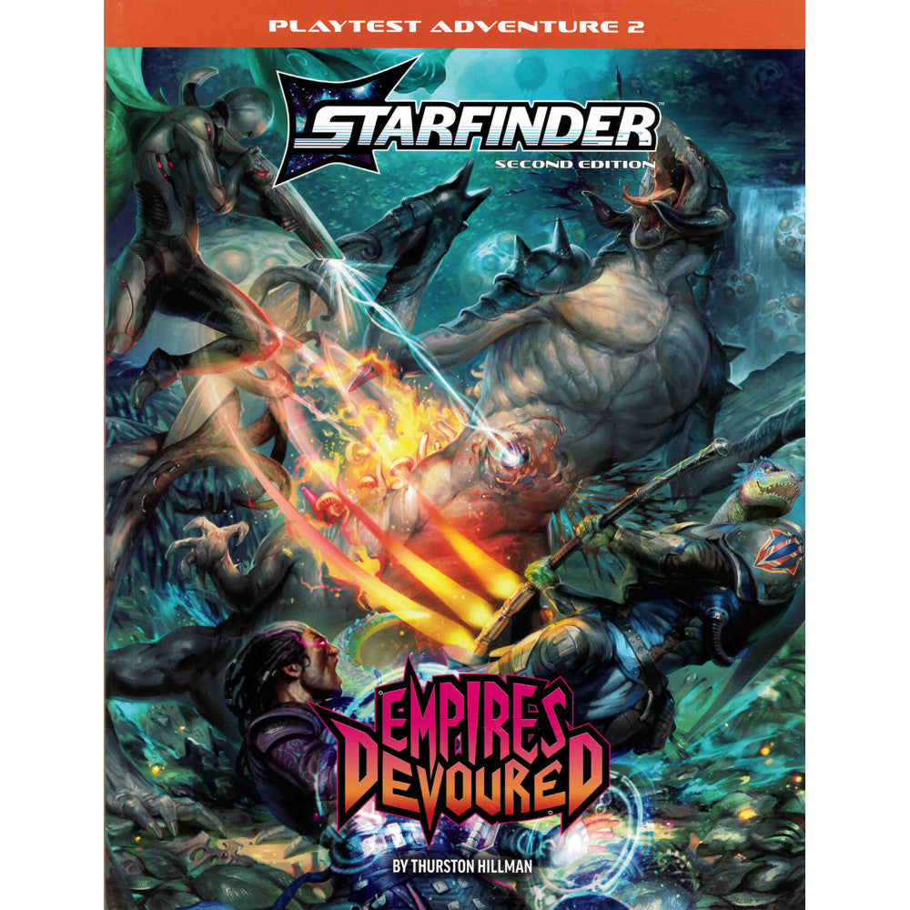 Paizo Starfinder Second Edition Playtest Adventure Empires Devoured Book art: Diverse sci-fi characters battle monstrous aliens with energy weapons amidst explosions