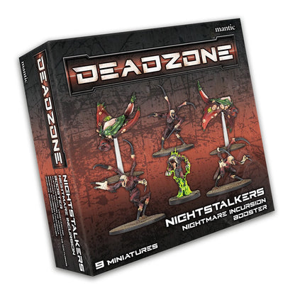 A Deadzone Nightmare Incursion Booster box displaying nine detailed miniature figures of alien-like creatures, some flying, on a dark, textured background