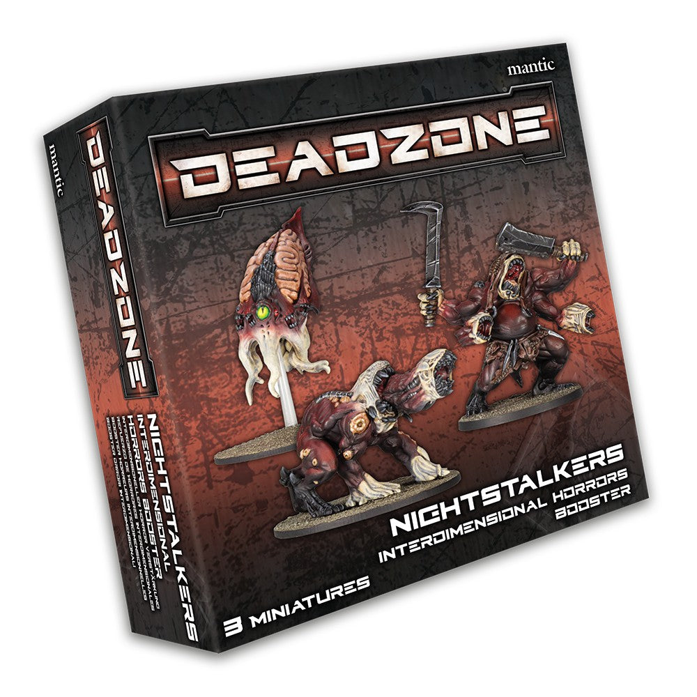 Deadzone Nightstalkers booster box displays three painted horror miniatures: a floating brain, a hunched beast, and a four-armed warrior
