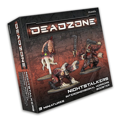 Deadzone Nightstalkers booster box displays three painted horror miniatures: a floating brain, a hunched beast, and a four-armed warrior