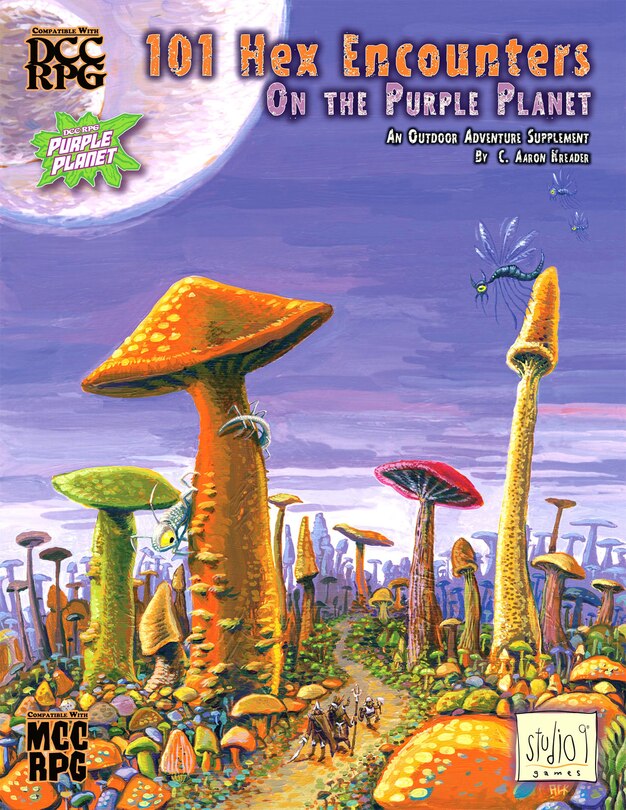 The cover for 101 Hex Encounters on the Purple Planet Book depicts a fantastical purple world with giant mushrooms, flying insects, and adventurers on a path