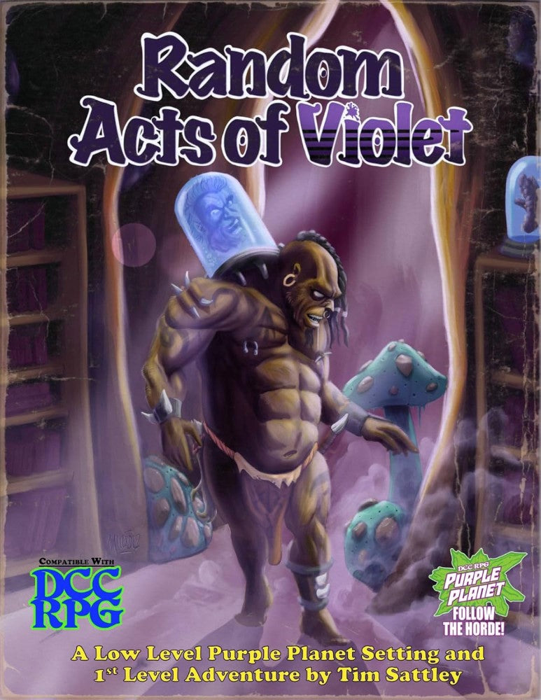 The Random Acts of Violet Book cover depicts a monstrous tusked creature with a glowing blue head in a jar on its back, surrounded by purple mushrooms