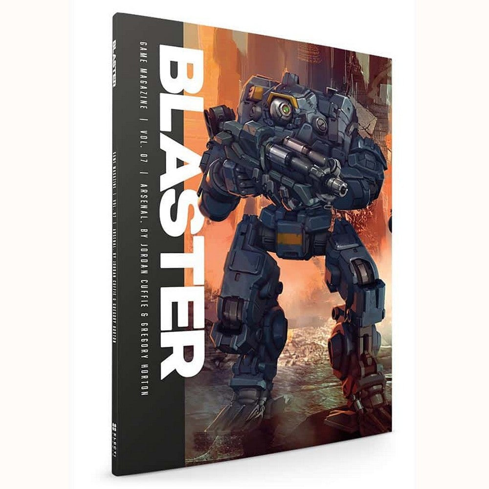 Blaster magazine cover featuring a dark blue mech suit holding a large weapon, standing against an orange, abstract background